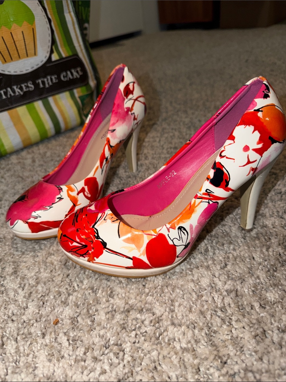 TOP Moda Floral Platform High Heel Pumps - Pink, Red & Orange